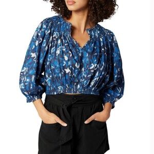 NWT $248 Joie May Floral Cropped Cotton Blouse in Navy Multi - Size XS!
